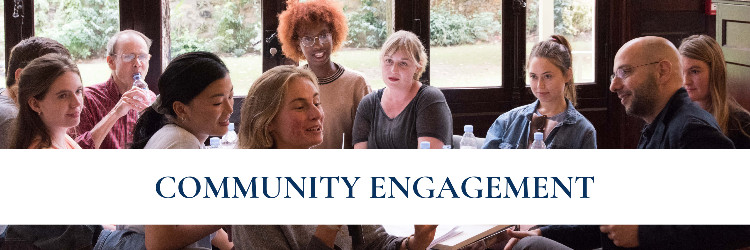 Community engagement banner over image of Columbia students and Institute fellows