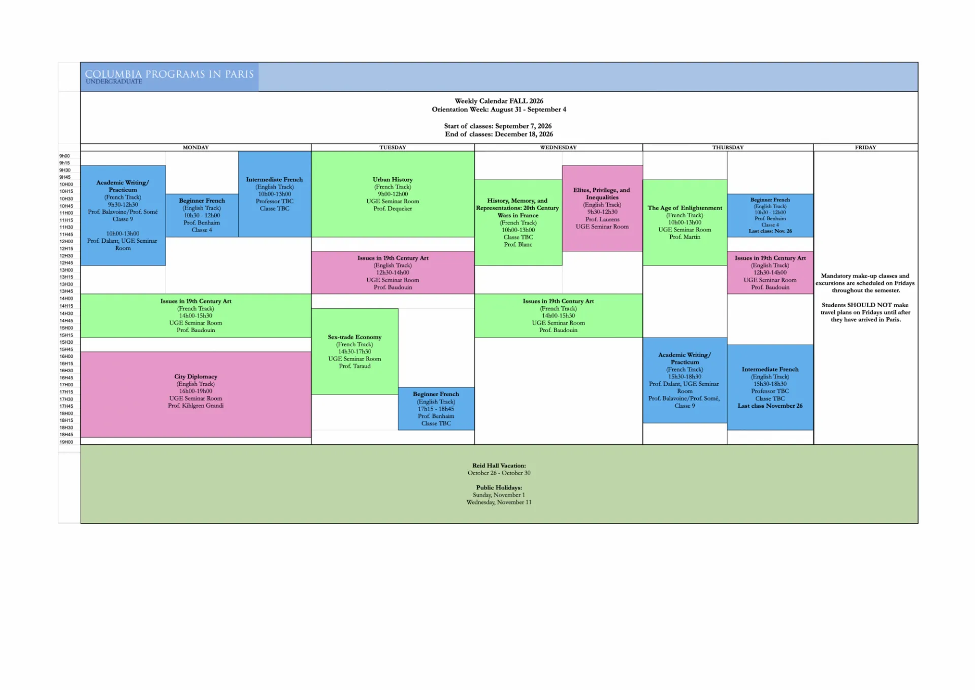 Fall 2026 Weekly Class Schedule