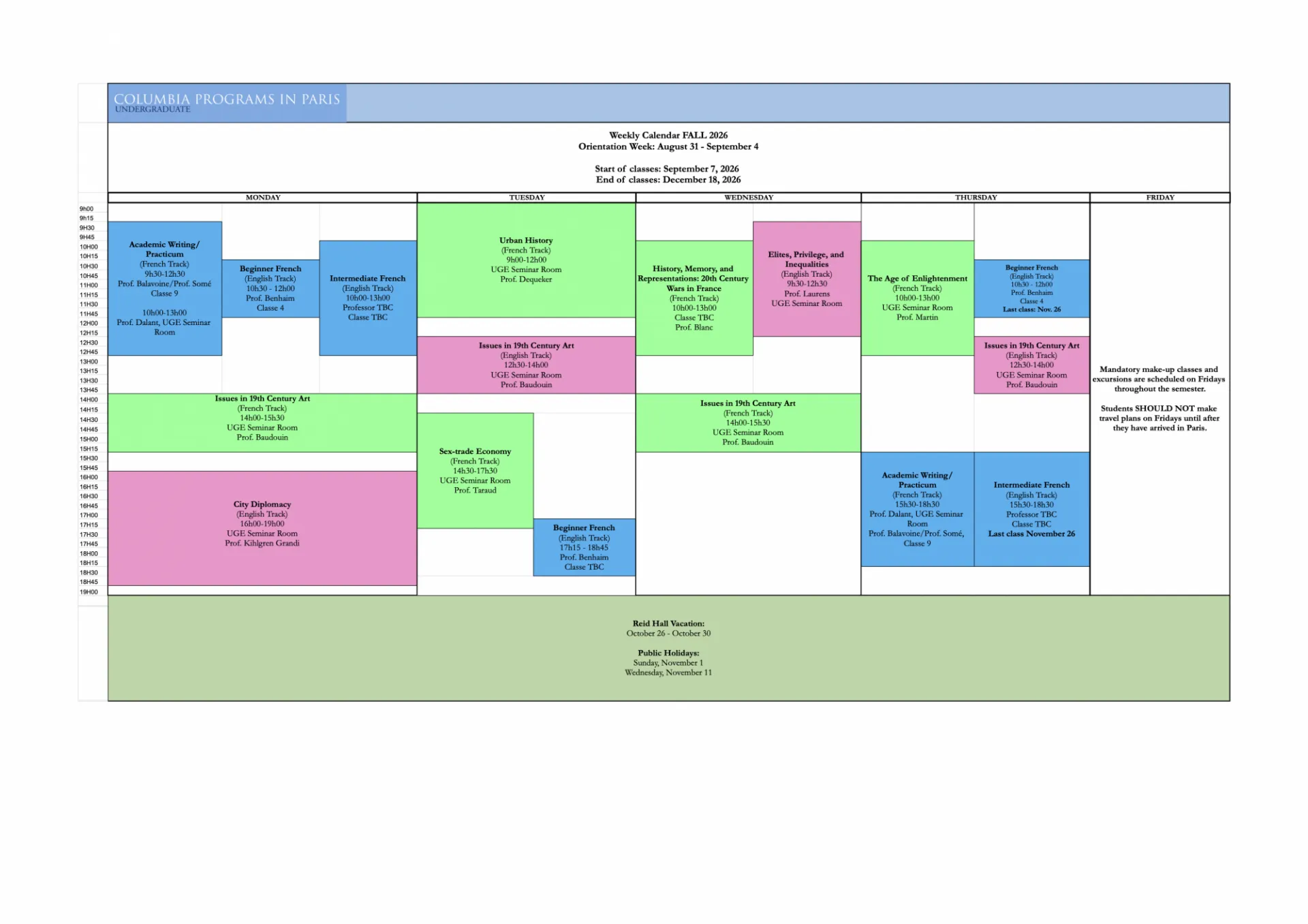 Fall 2026 Combined Schedule