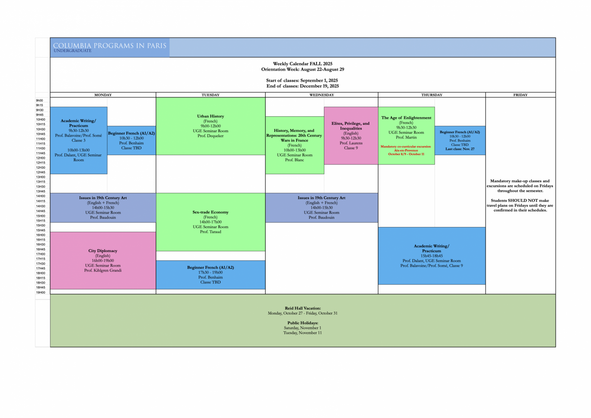 (Fall 2025) Reid Hall Weekly Class Schedule